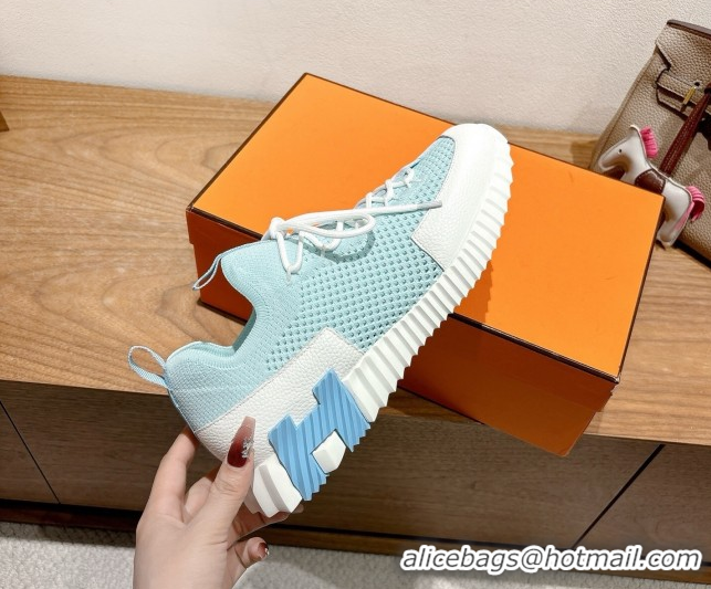 Sumptuous Hermes Lift slip-on sneakers in in knit and grained calfskin Light Blue 2025 H252003