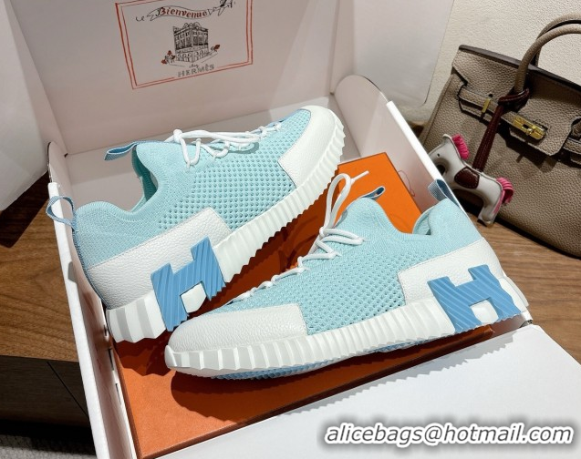 Sumptuous Hermes Lift slip-on sneakers in in knit and grained calfskin Light Blue 2025 H252003