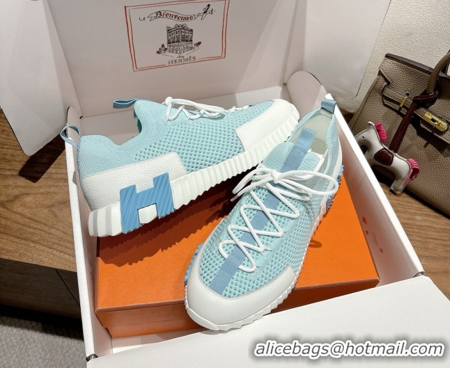 Sumptuous Hermes Lift slip-on sneakers in in knit and grained calfskin Light Blue 2025 H252003