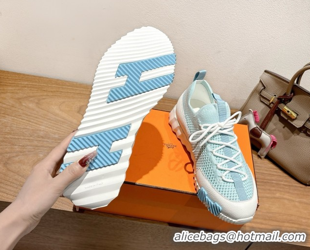Sumptuous Hermes Lift slip-on sneakers in in knit and grained calfskin Light Blue 2025 H252003