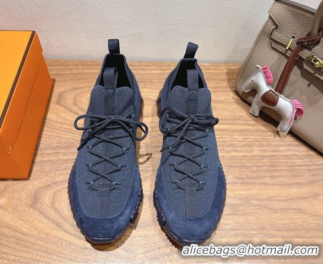 Top Grade Hermes Lift slip-on sneakers in in knit and suede Navy Blue 2025 H252003