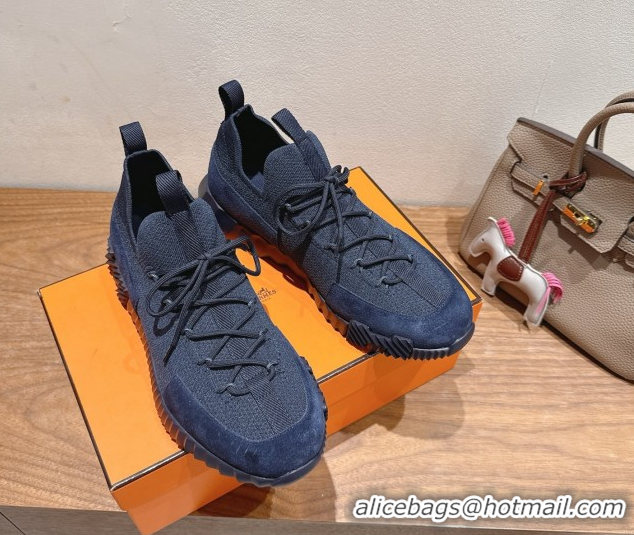 Top Grade Hermes Lift slip-on sneakers in in knit and suede Navy Blue 2025 H252003