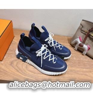 Good Quality Hermes Lift slip-on sneakers in in knit and smooth calfskin Navy Blue 2025 H252003