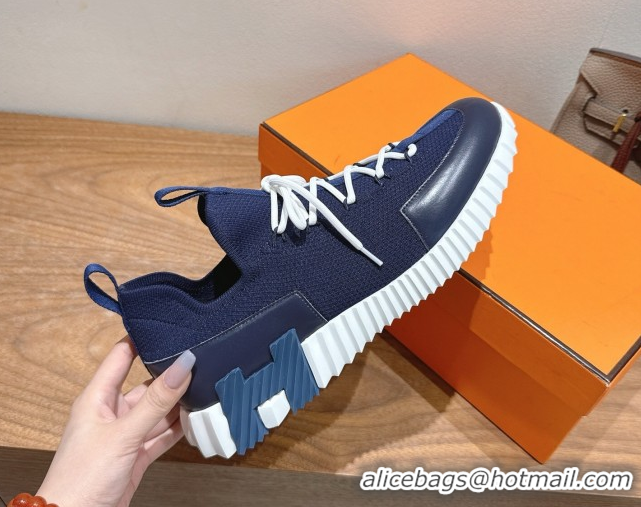 Good Quality Hermes Lift slip-on sneakers in in knit and smooth calfskin Navy Blue 2025 H252003