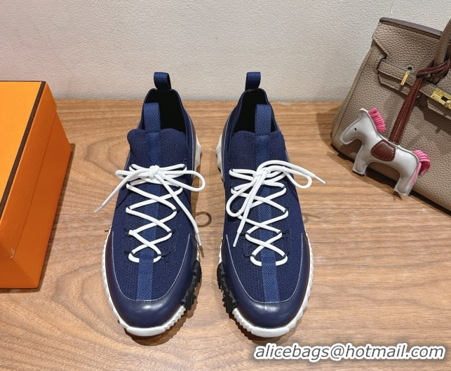 Good Quality Hermes Lift slip-on sneakers in in knit and smooth calfskin Navy Blue 2025 H252003