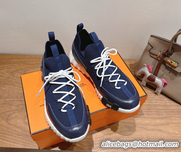 Good Quality Hermes Lift slip-on sneakers in in knit and smooth calfskin Navy Blue 2025 H252003