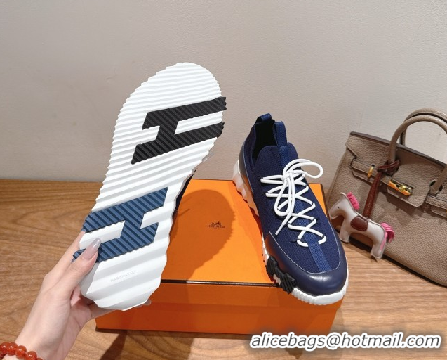 Good Quality Hermes Lift slip-on sneakers in in knit and smooth calfskin Navy Blue 2025 H252003