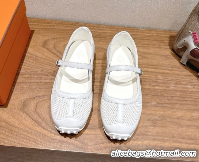 Duplicate Hermes Kichu Ballet Flats in mesh knit and calfskin White 2025 H251170