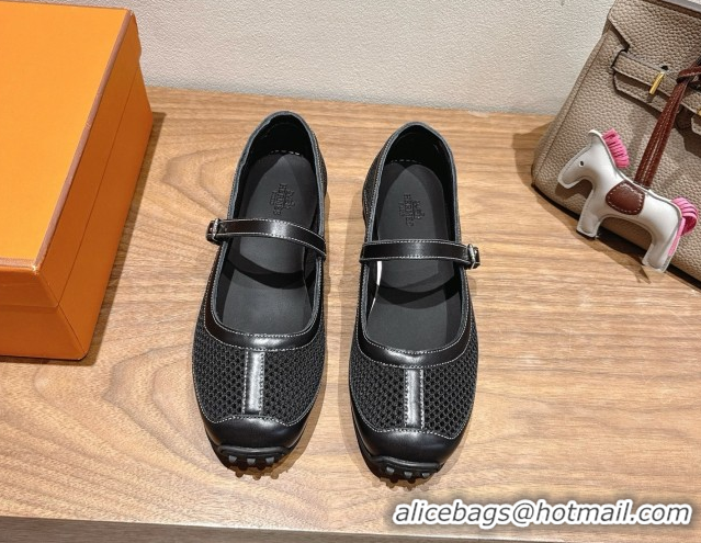 Good Quality Hermes Kichu Ballet Flats in mesh knit and calfskin Black 2025 H251170