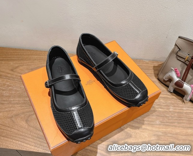 Good Quality Hermes Kichu Ballet Flats in mesh knit and calfskin Black 2025 H251170