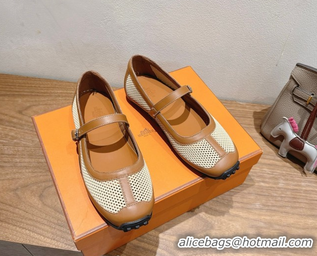 Trendy Design Hermes Kichu Ballet Flats in mesh knit and calfskin Brown 2025 H251170