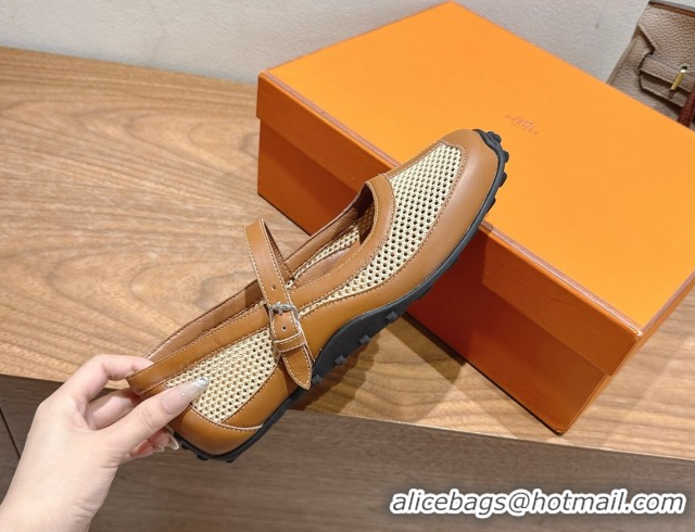 Trendy Design Hermes Kichu Ballet Flats in mesh knit and calfskin Brown 2025 H251170