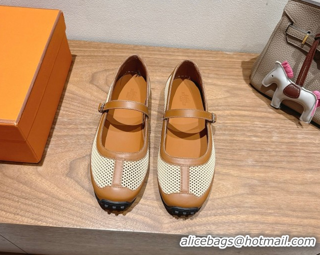 Trendy Design Hermes Kichu Ballet Flats in mesh knit and calfskin Brown 2025 H251170