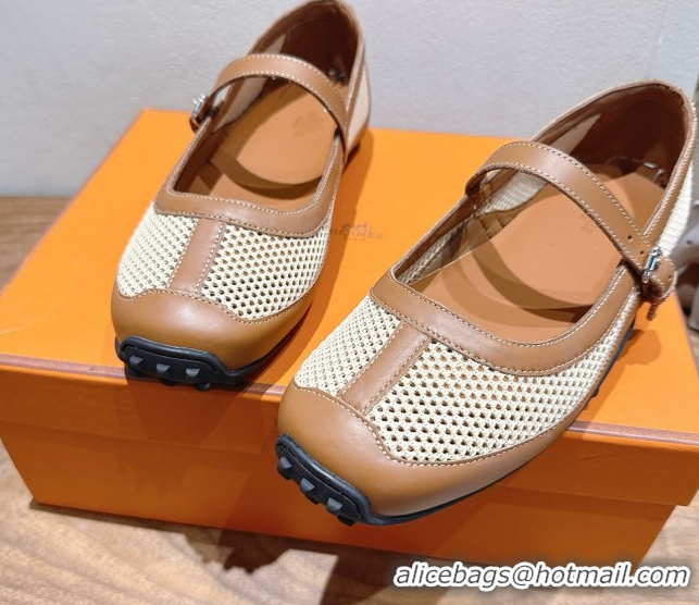 Trendy Design Hermes Kichu Ballet Flats in mesh knit and calfskin Brown 2025 H251170