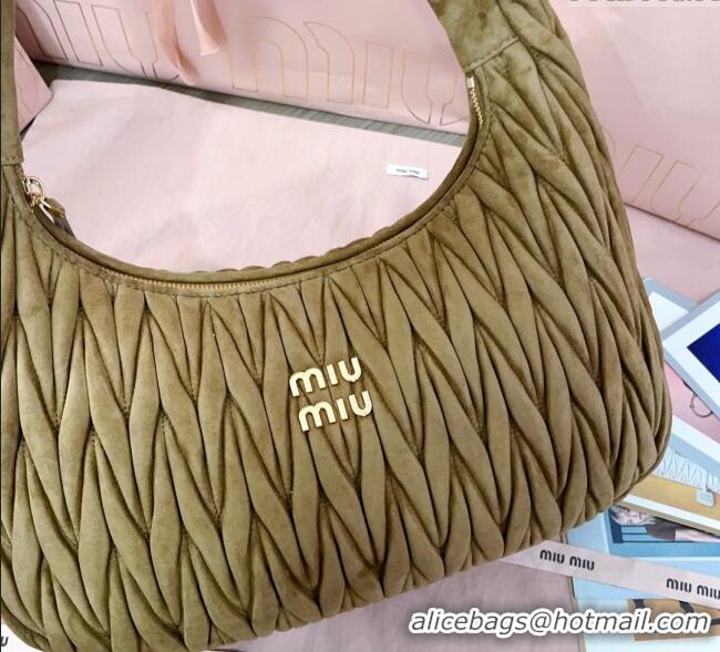 Best Quality Miu Miu Wander Matelasse Suede Hobo Bag 5BC183 Olive Green 2025