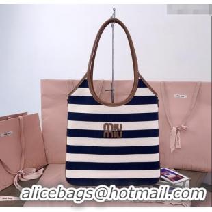 Luxury Cheap Miu Miu IVY Striped Canvas and Leather Tote Bag 5BG231 White/Blue 2025