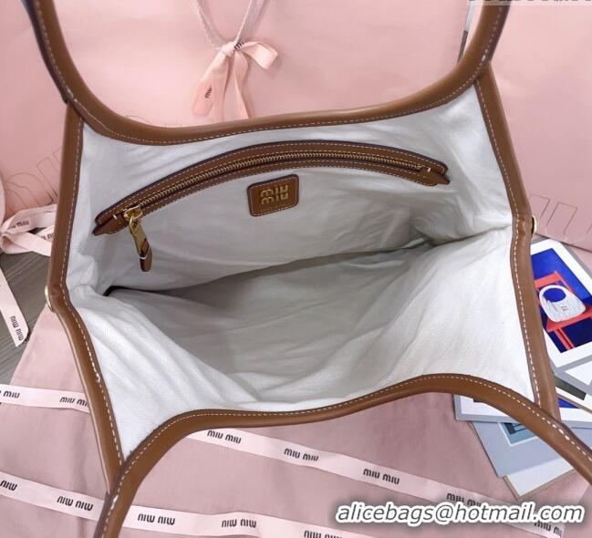 Luxury Cheap Miu Miu IVY Striped Canvas and Leather Tote Bag 5BG231 White/Blue 2025