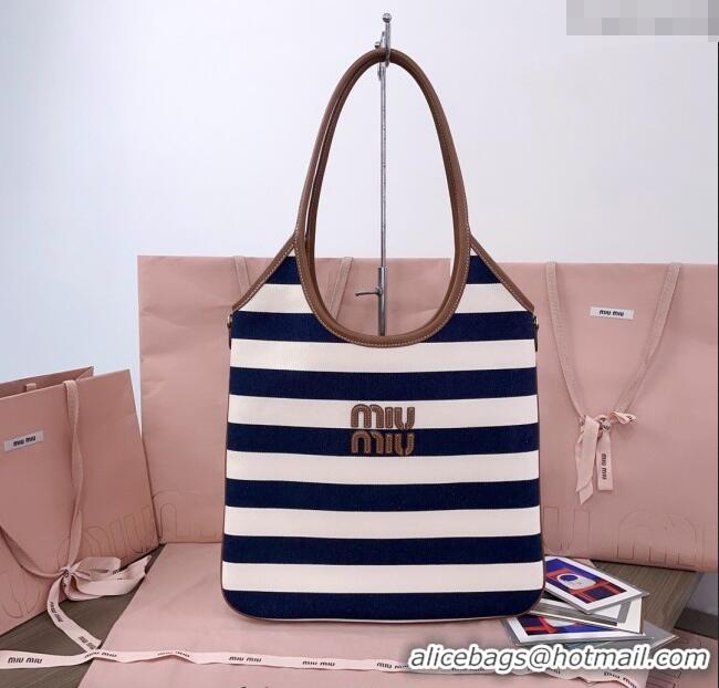 Luxury Cheap Miu Miu IVY Striped Canvas and Leather Tote Bag 5BG231 White/Blue 2025
