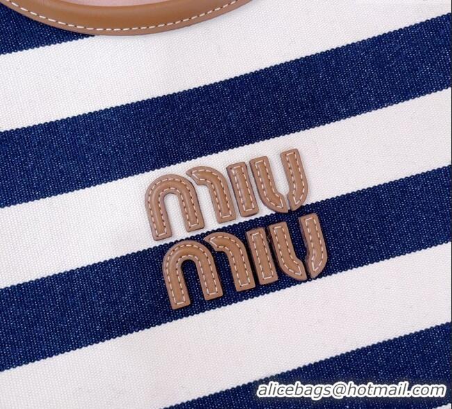 Luxury Cheap Miu Miu IVY Striped Canvas and Leather Tote Bag 5BG231 White/Blue 2025