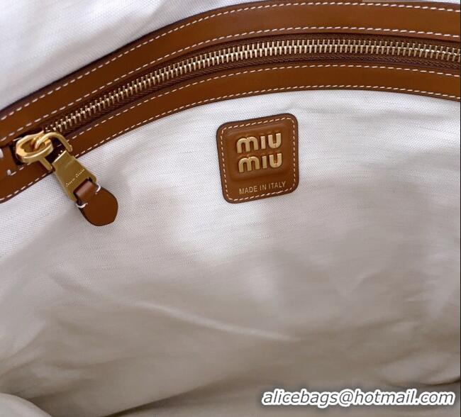 Luxury Cheap Miu Miu IVY Striped Canvas and Leather Tote Bag 5BG231 White/Blue 2025