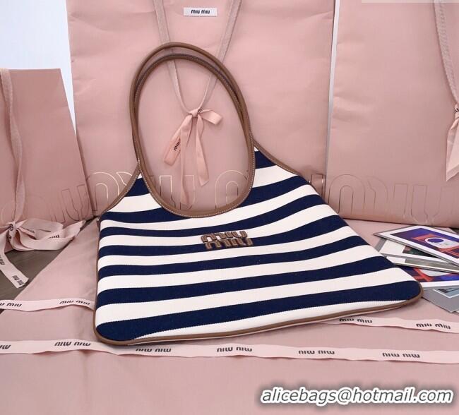 Luxury Cheap Miu Miu IVY Striped Canvas and Leather Tote Bag 5BG231 White/Blue 2025