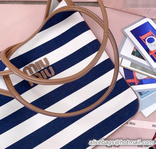 Luxury Cheap Miu Miu IVY Striped Canvas and Leather Tote Bag 5BG231 White/Blue 2025