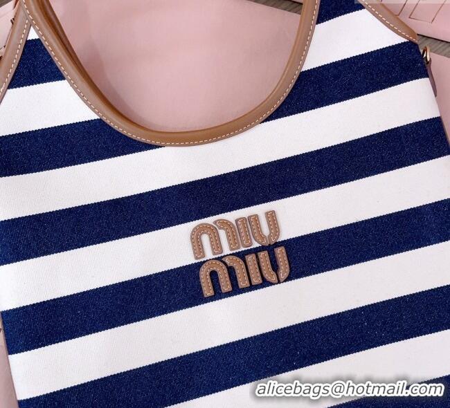 Luxury Cheap Miu Miu IVY Striped Canvas and Leather Tote Bag 5BG231 White/Blue 2025