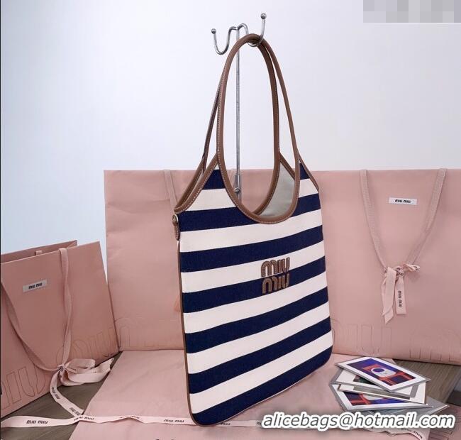 Luxury Cheap Miu Miu IVY Striped Canvas and Leather Tote Bag 5BG231 White/Blue 2025