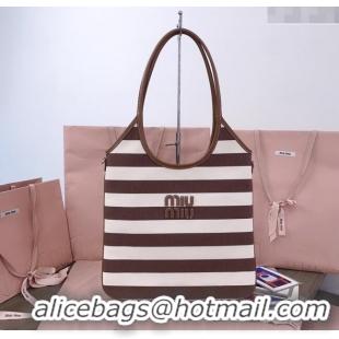 Best Price Miu Miu IVY Striped Canvas and Leather Tote Bag 5BG231 White/Brown 2025