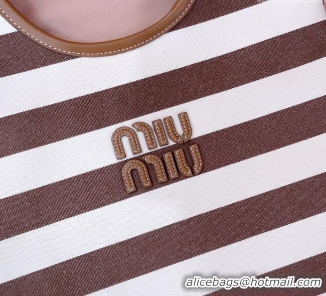 Best Price Miu Miu IVY Striped Canvas and Leather Tote Bag 5BG231 White/Brown 2025