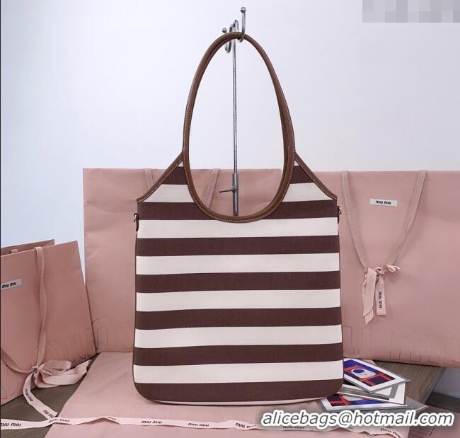 Best Price Miu Miu IVY Striped Canvas and Leather Tote Bag 5BG231 White/Brown 2025