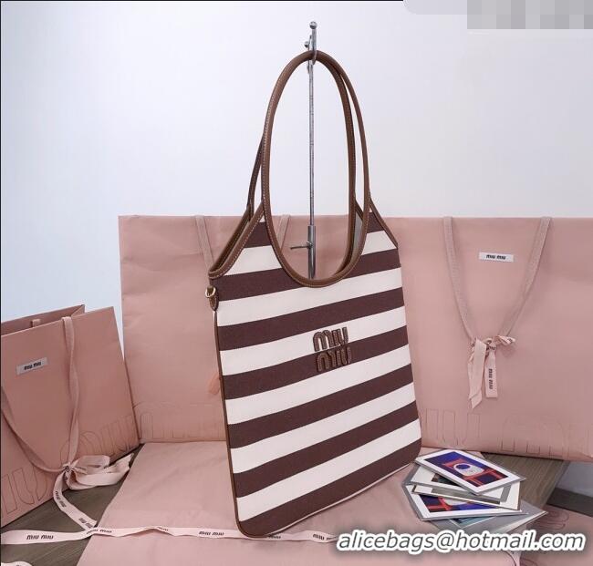 Best Price Miu Miu IVY Striped Canvas and Leather Tote Bag 5BG231 White/Brown 2025