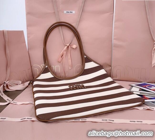 Best Price Miu Miu IVY Striped Canvas and Leather Tote Bag 5BG231 White/Brown 2025