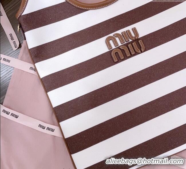 Best Price Miu Miu IVY Striped Canvas and Leather Tote Bag 5BG231 White/Brown 2025