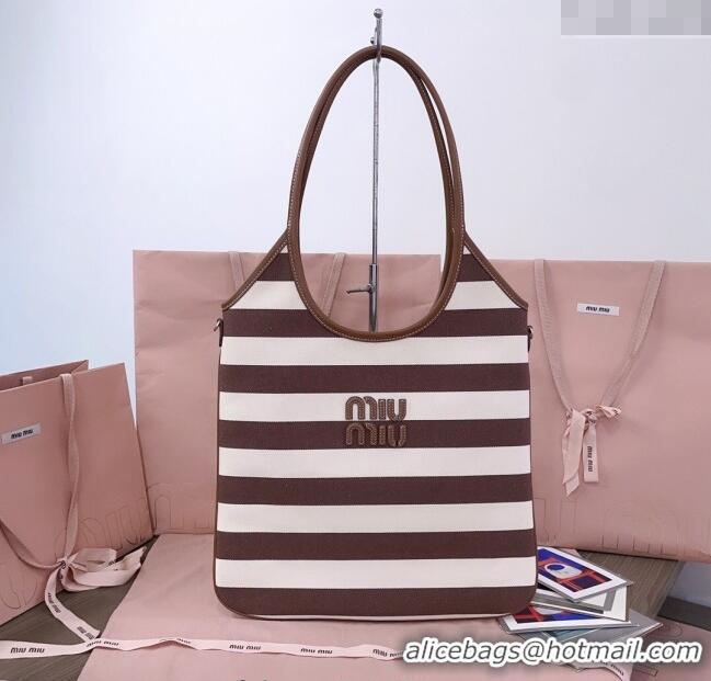 Best Price Miu Miu IVY Striped Canvas and Leather Tote Bag 5BG231 White/Brown 2025