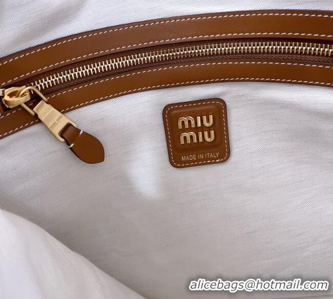 Best Price Miu Miu IVY Striped Canvas and Leather Tote Bag 5BG231 White/Brown 2025