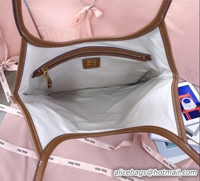 Best Price Miu Miu IVY Striped Canvas and Leather Tote Bag 5BG231 White/Brown 2025