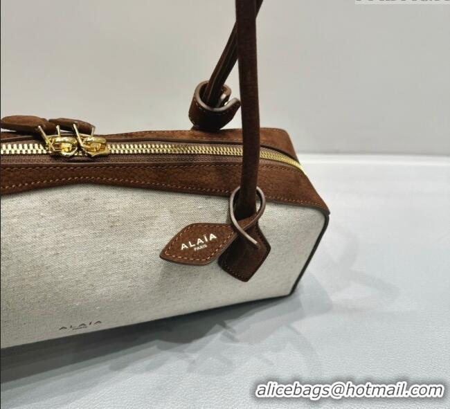 Shop Discount Alaia Le Tecket Medium Long Shoulder bag in Canvas and Nubuck Leather 2064 Brown 2025