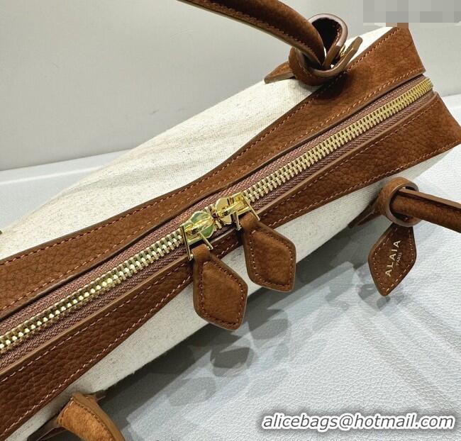 Shop Discount Alaia Le Tecket Medium Long Shoulder bag in Canvas and Nubuck Leather 2064 Brown 2025