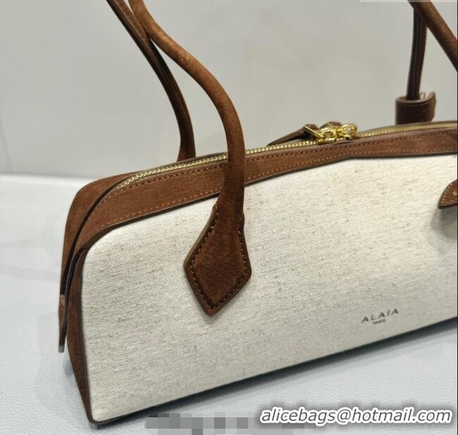 Shop Discount Alaia Le Tecket Medium Long Shoulder bag in Canvas and Nubuck Leather 2064 Brown 2025