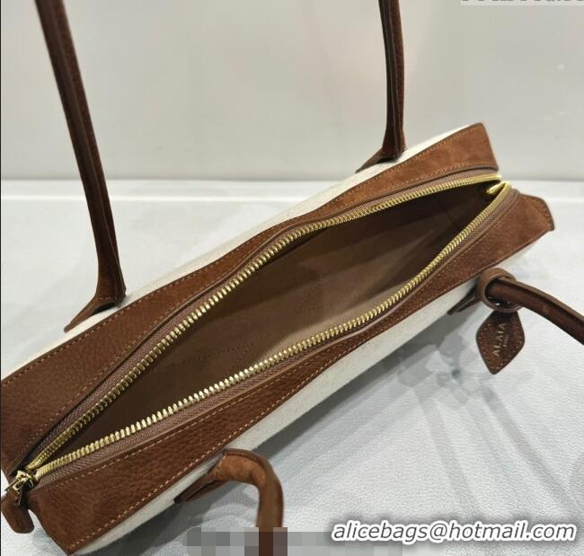 Shop Discount Alaia Le Tecket Medium Long Shoulder bag in Canvas and Nubuck Leather 2064 Brown 2025