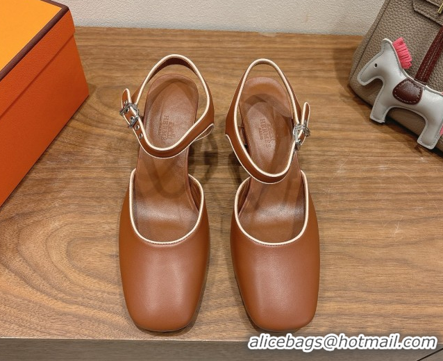 Perfect Hermes Kamilla Open Back Pumps 6cm with H Buckle Brown 2025 H251270