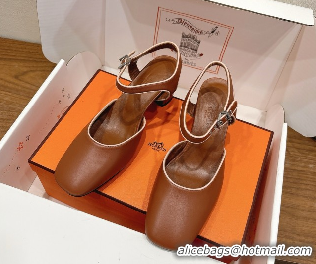 Perfect Hermes Kamilla Open Back Pumps 6cm with H Buckle Brown 2025 H251270