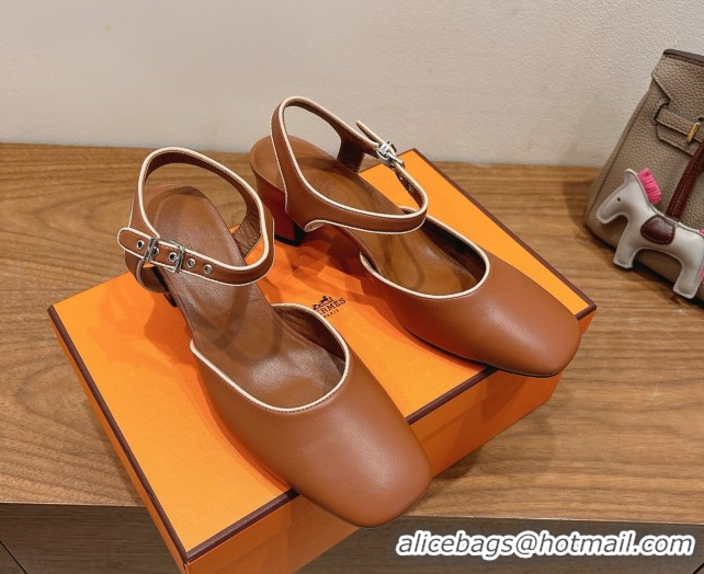 Perfect Hermes Kamilla Open Back Pumps 6cm with H Buckle Brown 2025 H251270