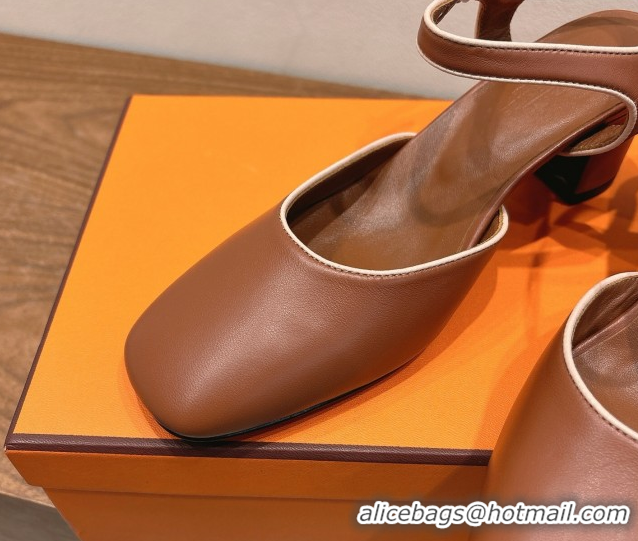 Perfect Hermes Kamilla Open Back Pumps 6cm with H Buckle Brown 2025 H251270