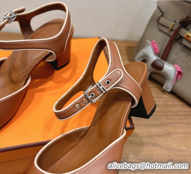 Perfect Hermes Kamilla Open Back Pumps 6cm with H Buckle Brown 2025 H251270