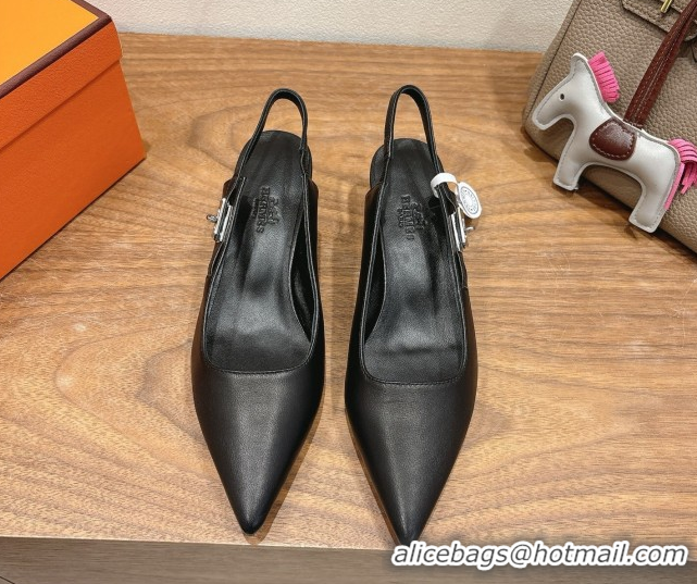 Modern Hermes Lover Slingback Pumps 4cm in Calfskin with Kelly Buckle Black 2025 H252121
