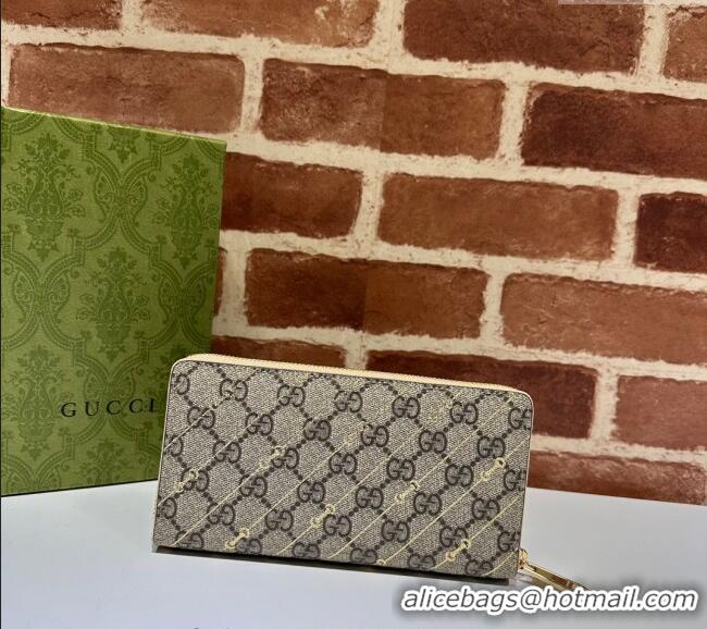Fashion Cheap Gucci Zip Around Wallet in Beige Horsebit Striped GG Canvas 774331 2023