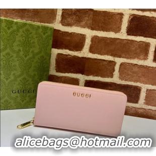 Good Product Gucci Leather Zip Around Wallet with Gucci script 772642 Light Pink 2023