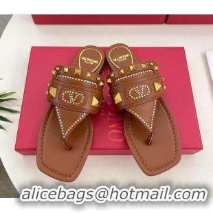Shop Cheap Valentino Plaster Caster Flat Thong Slides Sandal in Calfskin Brown 0603078